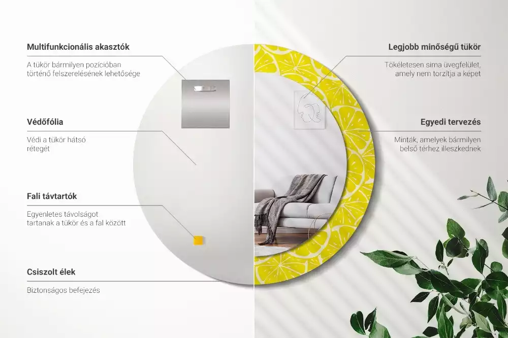 Lustro okrągłe z drukowaną ramką w motywem cytryn