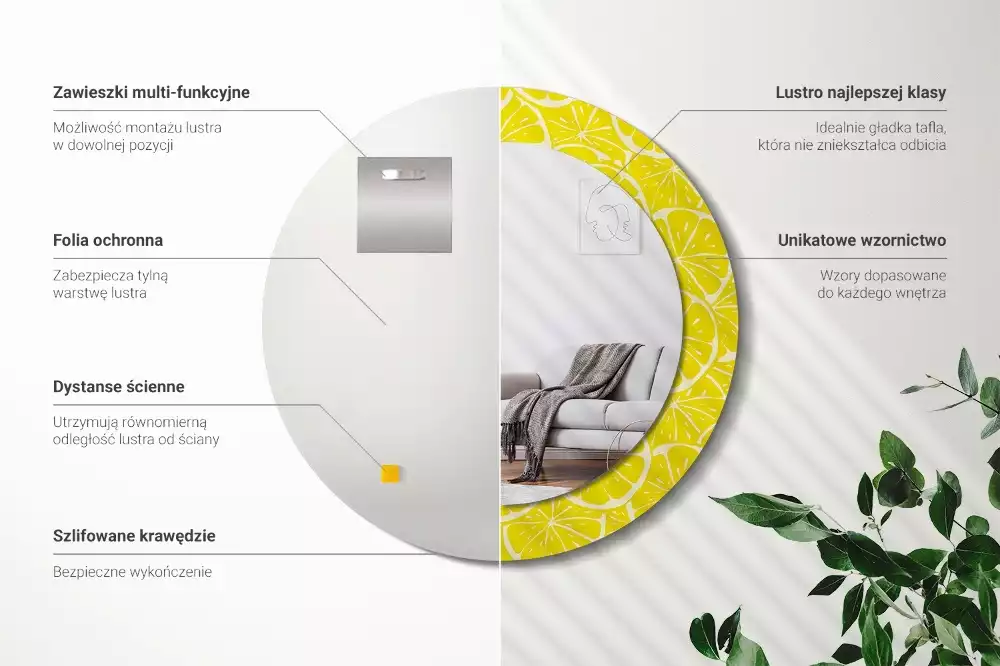 Lustro okrągłe z drukowaną ramką w motywem cytryn