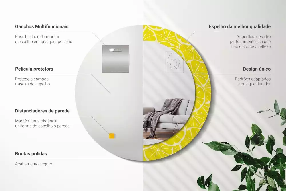 Lustro okrągłe z drukowaną ramką w motywem cytryn