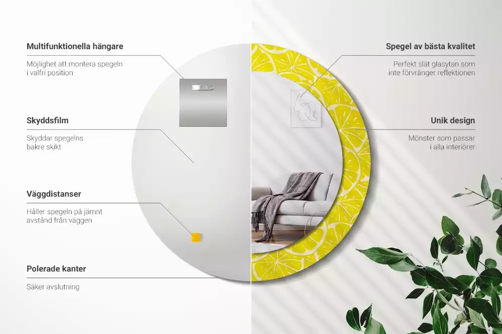 Lustro okrągłe z drukowaną ramką w motywem cytryn