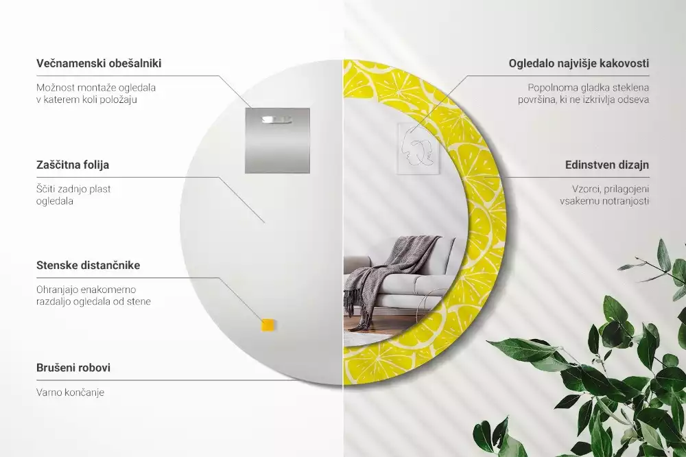 Lustro okrągłe z drukowaną ramką w motywem cytryn