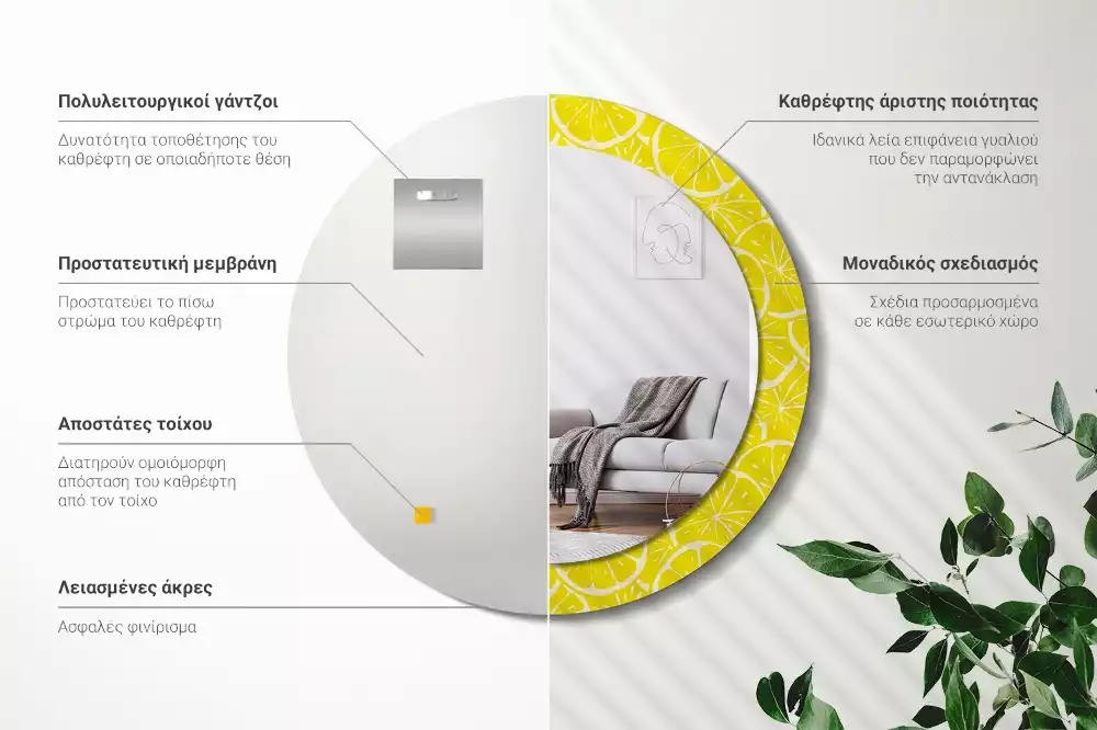 Lustro okrągłe z drukowaną ramką w motywem cytryn