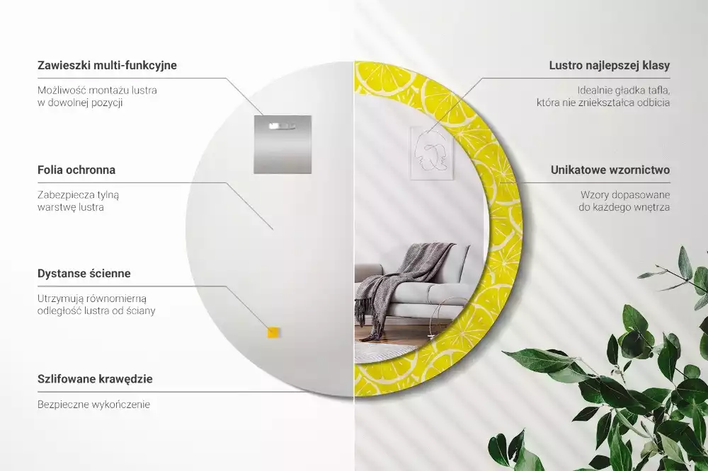 Lustro okrągłe z drukowaną ramką w motywem cytryn