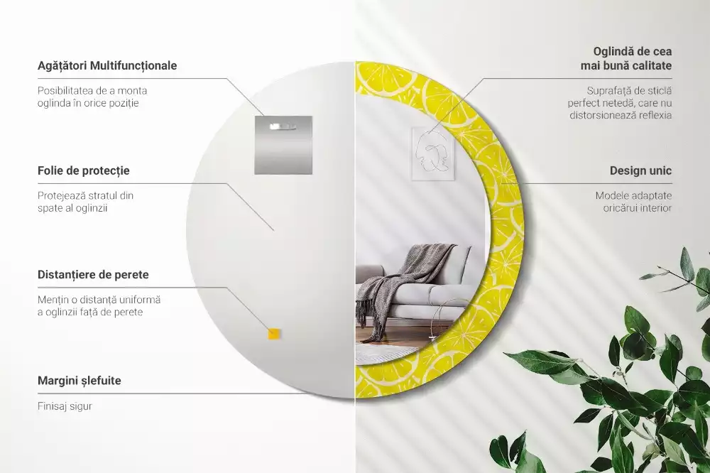 Lustro okrągłe z drukowaną ramką w motywem cytryn