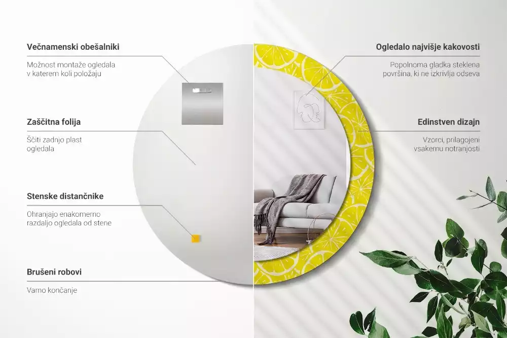 Lustro okrągłe z drukowaną ramką w motywem cytryn