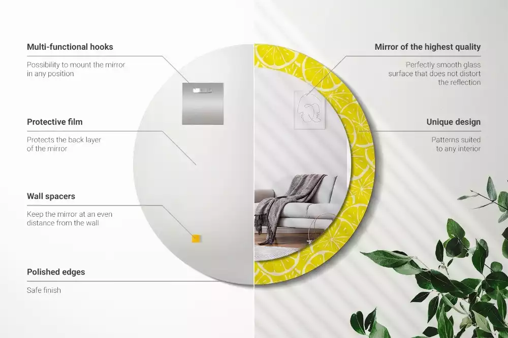 Lustro okrągłe z drukowaną ramką w motywem cytryn