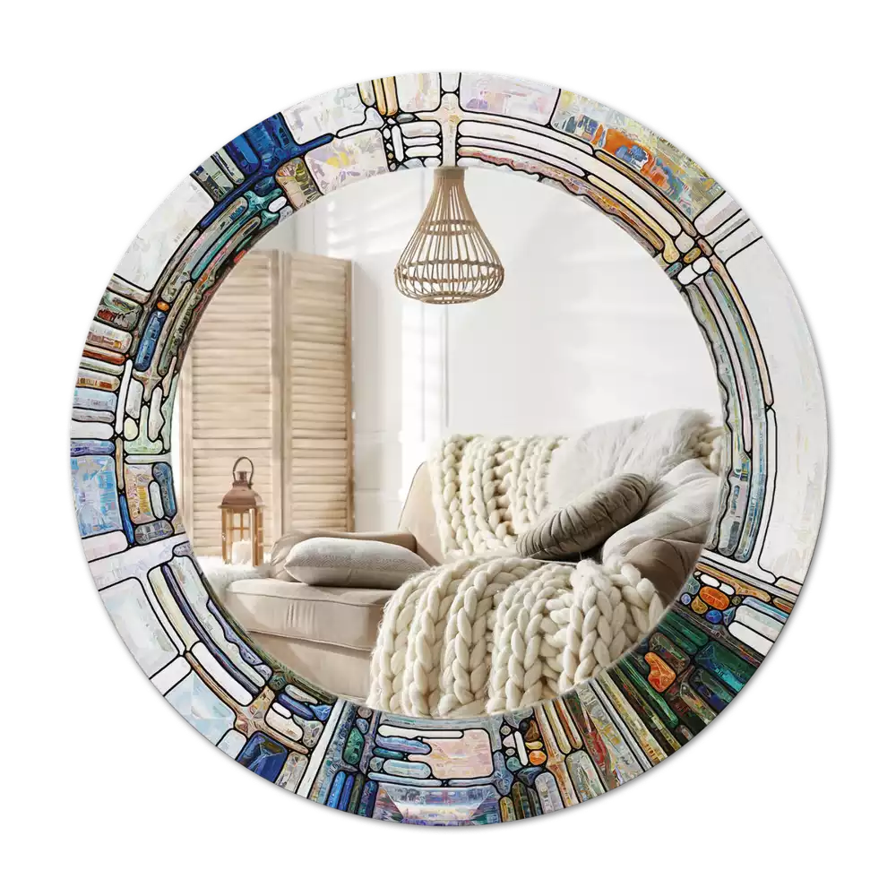 Lustro z okrągłą ramką z nadrukiem w stylu witrażu