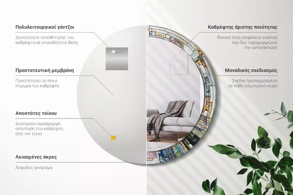 Lustro z okrągłą ramką z nadrukiem w stylu witrażu