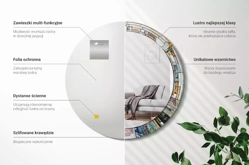 Lustro z okrągłą ramką z nadrukiem w stylu witrażu