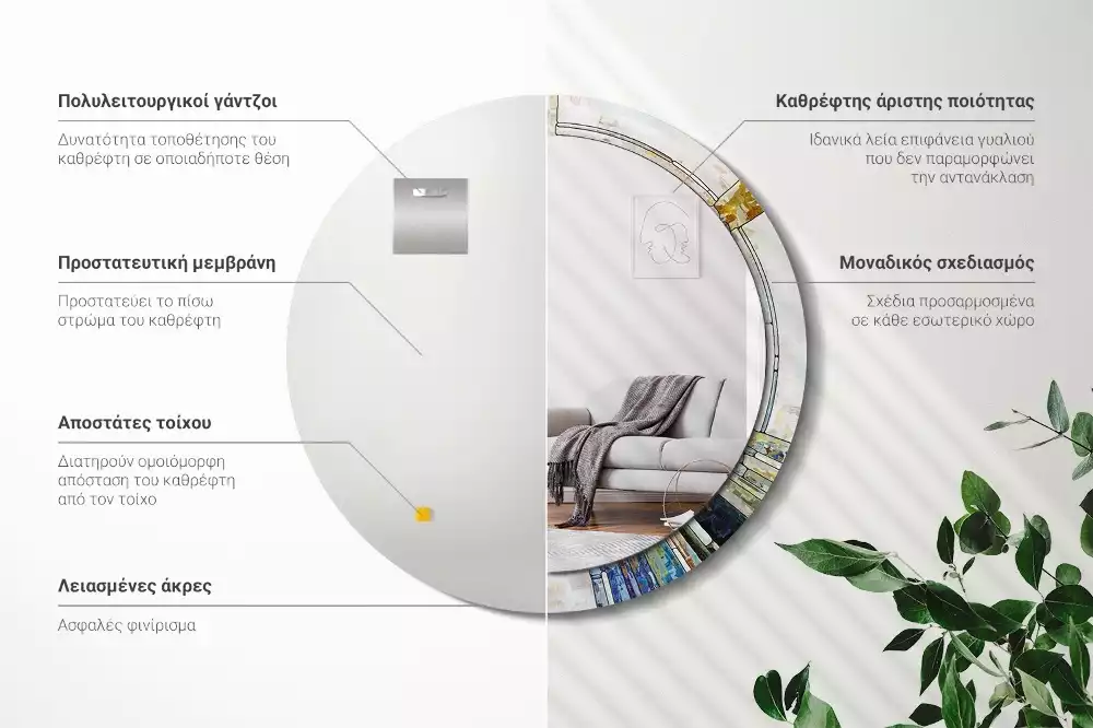 Lustro z okrągłą ramką z nadrukiem w stylu witrażu