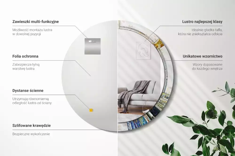 Lustro z okrągłą ramką z nadrukiem w stylu witrażu