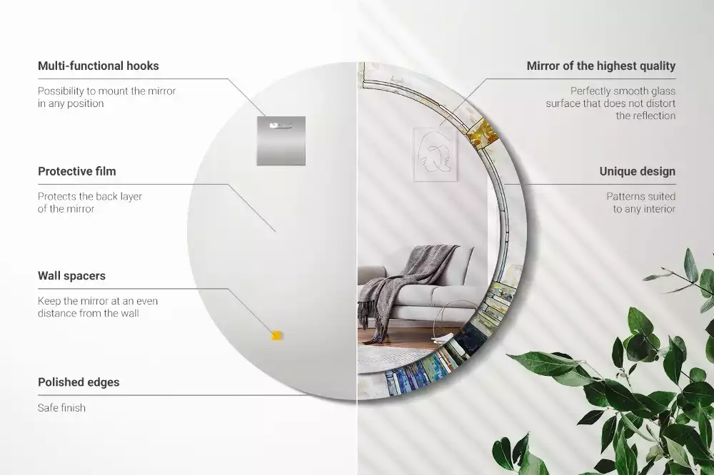 Lustro z okrągłą ramką z nadrukiem w stylu witrażu