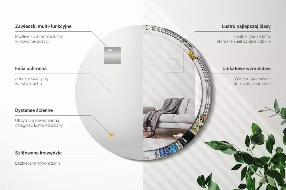 Lustro z okrągłą ramką z nadrukiem w stylu witrażu