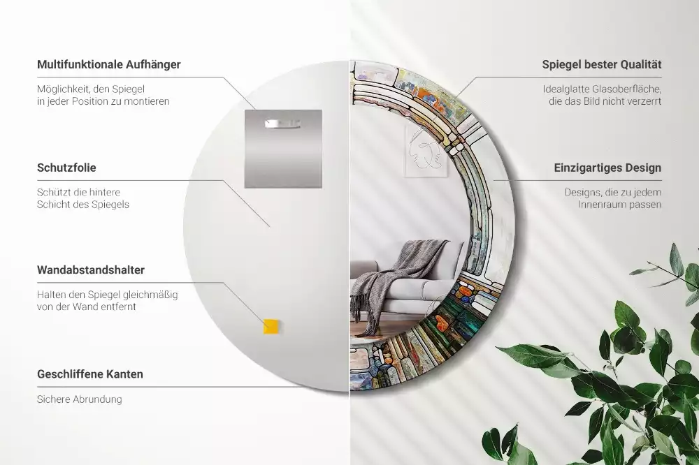 Lustro z okrągłą ramką z nadrukiem w stylu witrażu