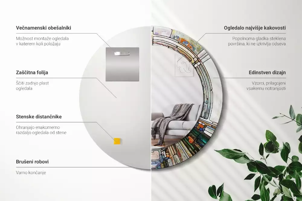 Lustro z okrągłą ramką z nadrukiem w stylu witrażu