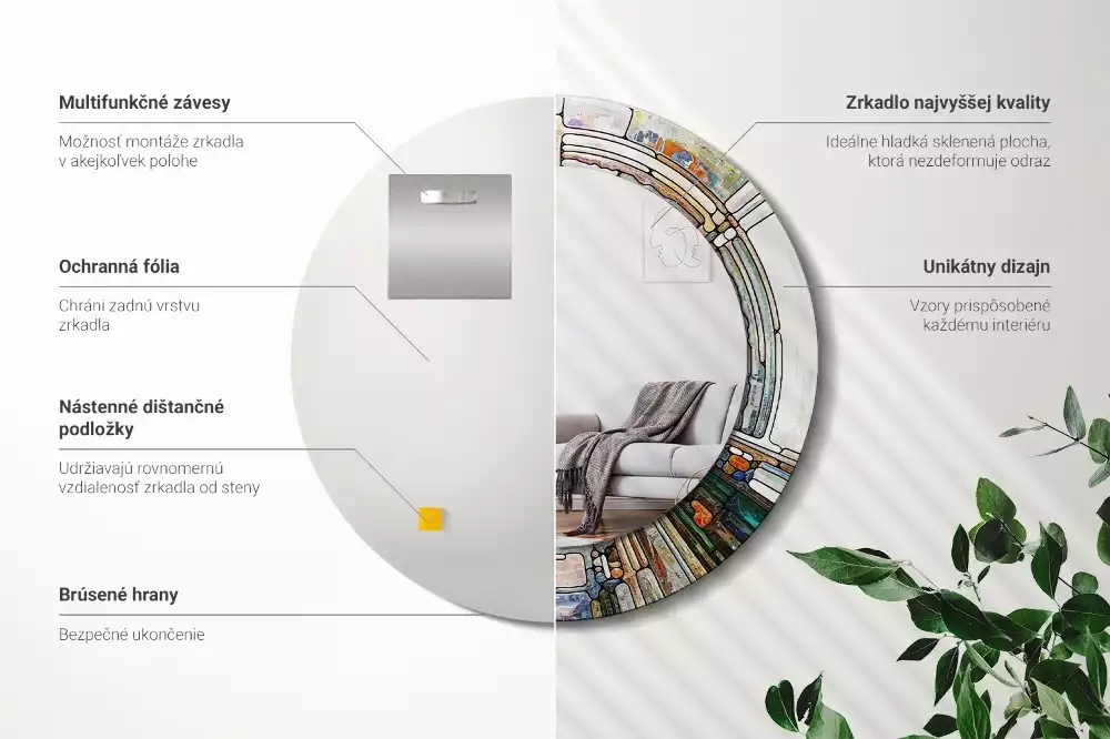 Lustro z okrągłą ramką z nadrukiem w stylu witrażu