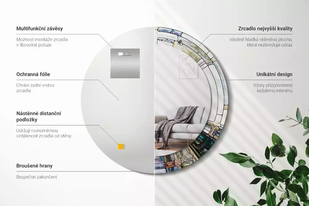 Lustro z okrągłą ramką z nadrukiem w stylu witrażu