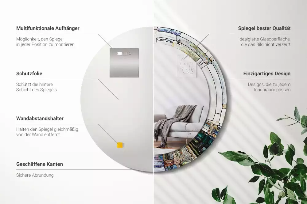 Lustro z okrągłą ramką z nadrukiem w stylu witrażu