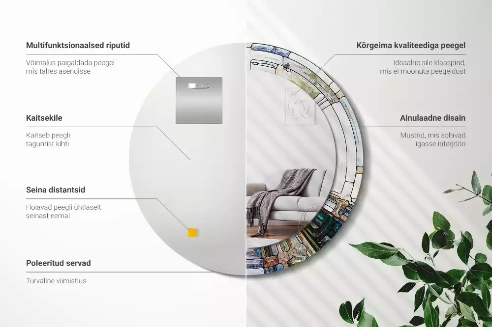 Lustro z okrągłą ramką z nadrukiem w stylu witrażu