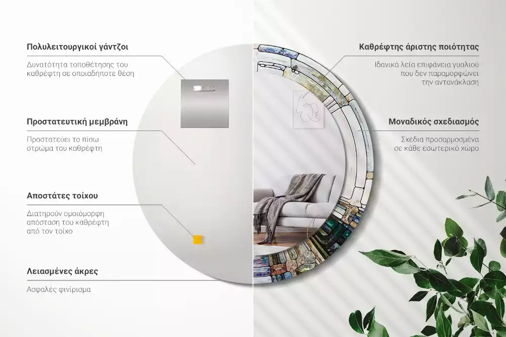 Lustro z okrągłą ramką z nadrukiem w stylu witrażu