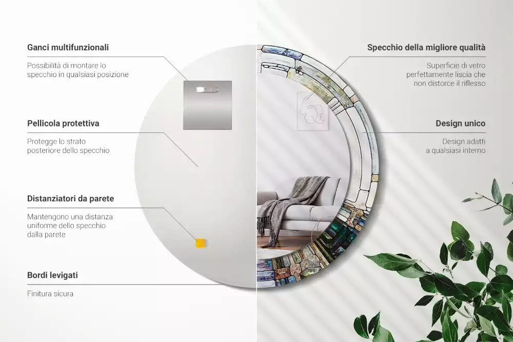 Lustro z okrągłą ramką z nadrukiem w stylu witrażu