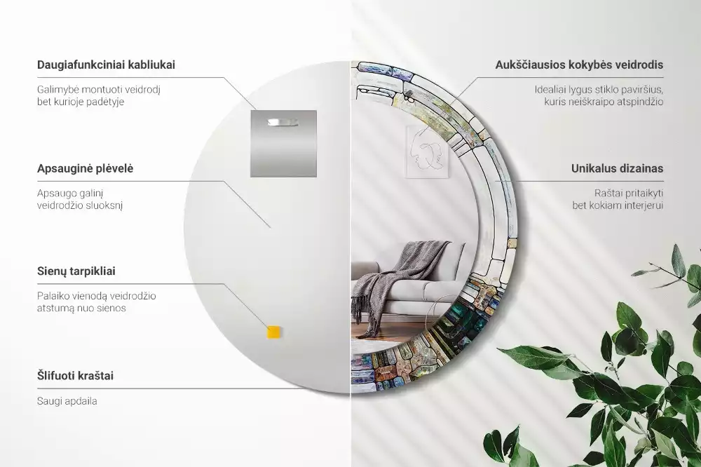 Lustro z okrągłą ramką z nadrukiem w stylu witrażu