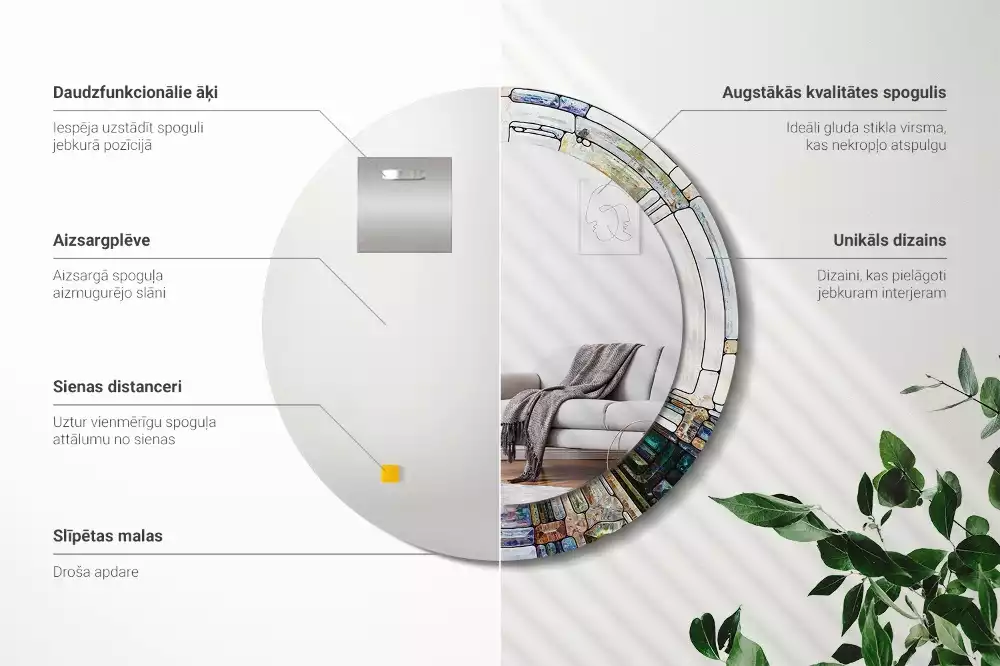 Lustro z okrągłą ramką z nadrukiem w stylu witrażu