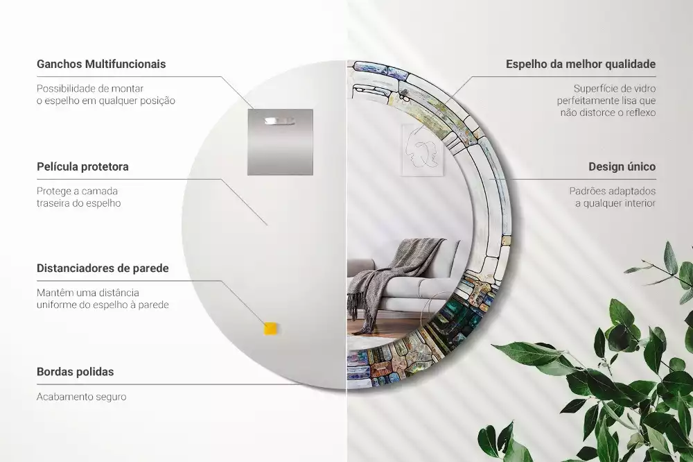 Lustro z okrągłą ramką z nadrukiem w stylu witrażu