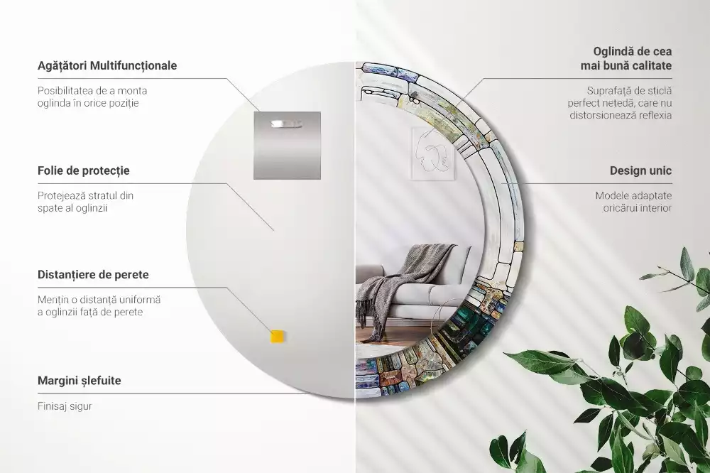 Lustro z okrągłą ramką z nadrukiem w stylu witrażu