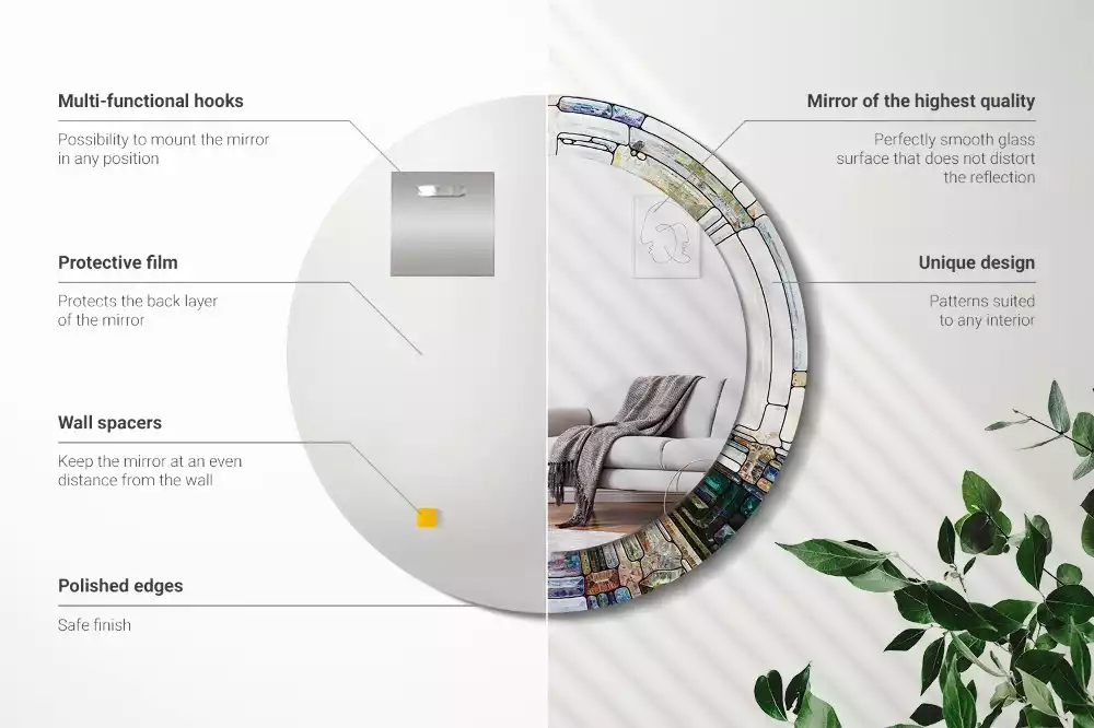 Lustro z okrągłą ramką z nadrukiem w stylu witrażu