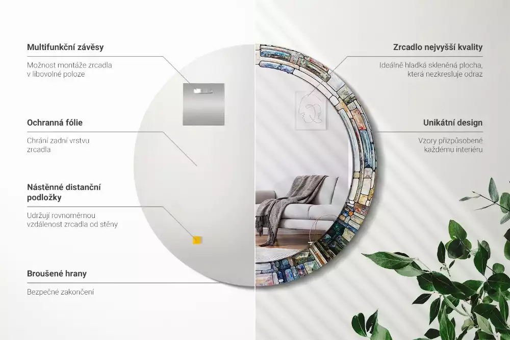 Lustro z okrągłą ramką z nadrukiem w stylu witrażu