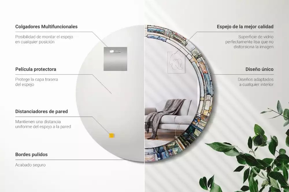 Lustro z okrągłą ramką z nadrukiem w stylu witrażu