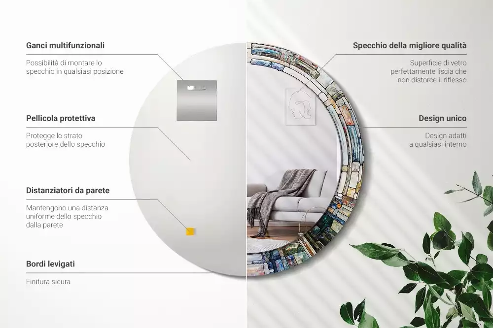 Lustro z okrągłą ramką z nadrukiem w stylu witrażu