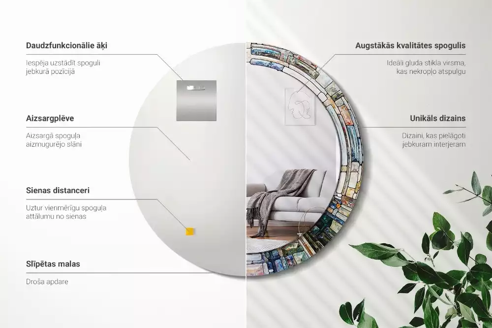 Lustro z okrągłą ramką z nadrukiem w stylu witrażu