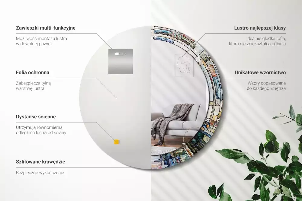 Lustro z okrągłą ramką z nadrukiem w stylu witrażu