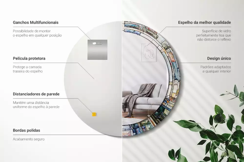 Lustro z okrągłą ramką z nadrukiem w stylu witrażu