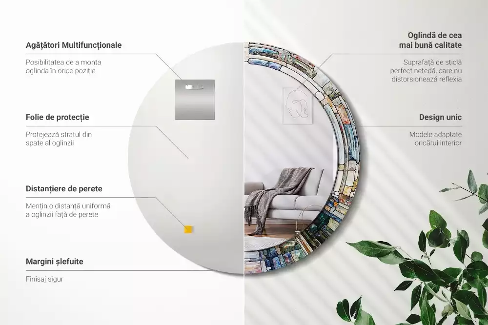 Lustro z okrągłą ramką z nadrukiem w stylu witrażu