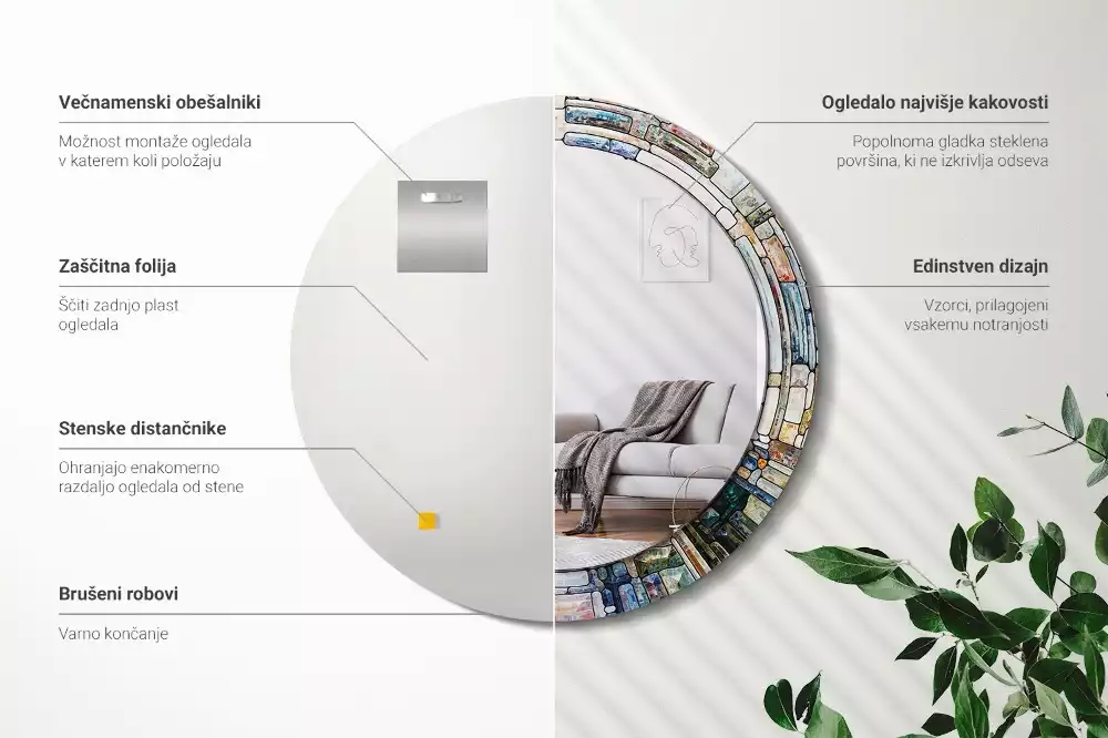 Lustro z okrągłą ramką z nadrukiem w stylu witrażu