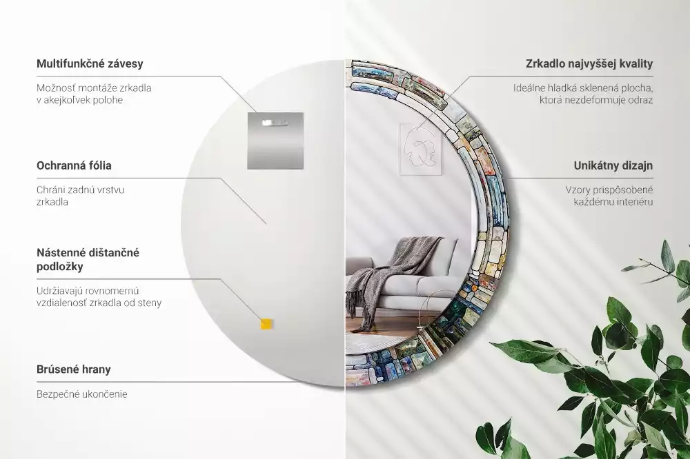 Lustro z okrągłą ramką z nadrukiem w stylu witrażu