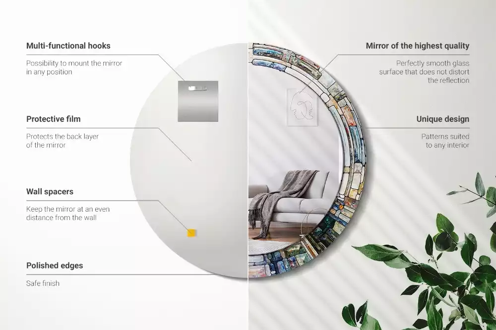 Lustro z okrągłą ramką z nadrukiem w stylu witrażu