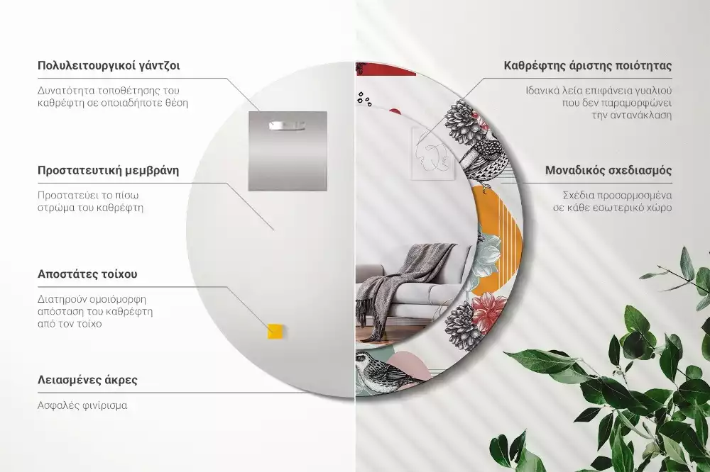 Lustro okrągłe Patki vintage z drukowaną ramką