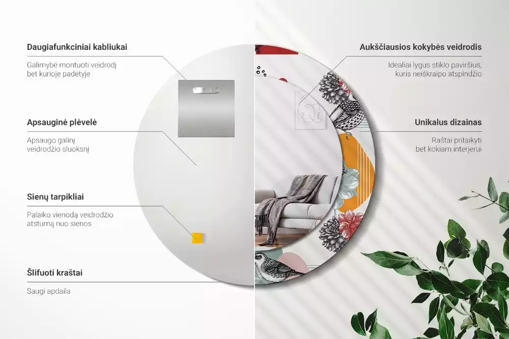 Lustro okrągłe Patki vintage z drukowaną ramką