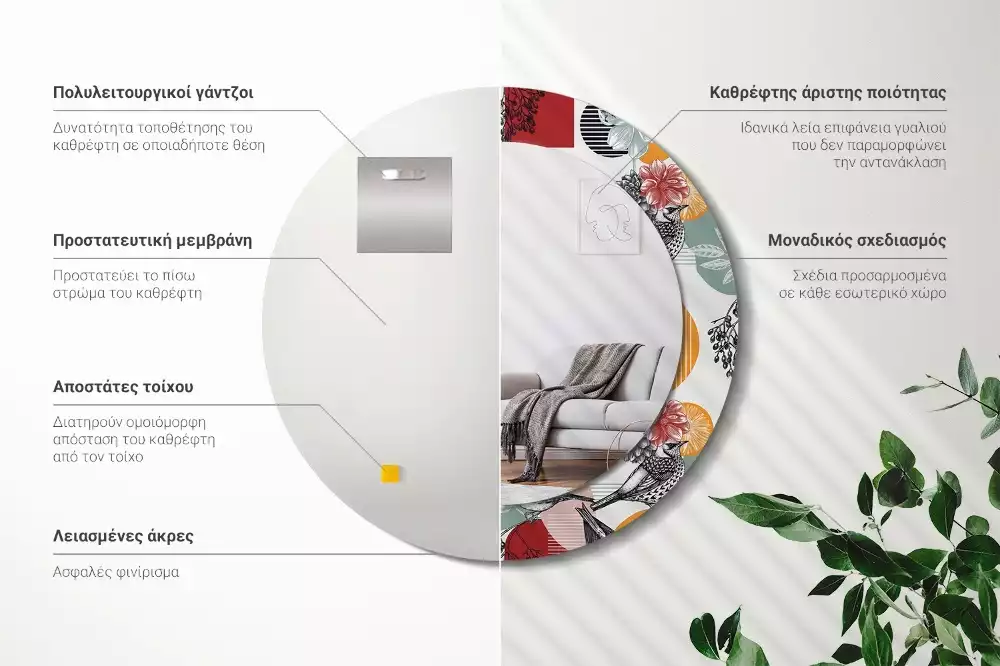 Lustro okrągłe Patki vintage z drukowaną ramką