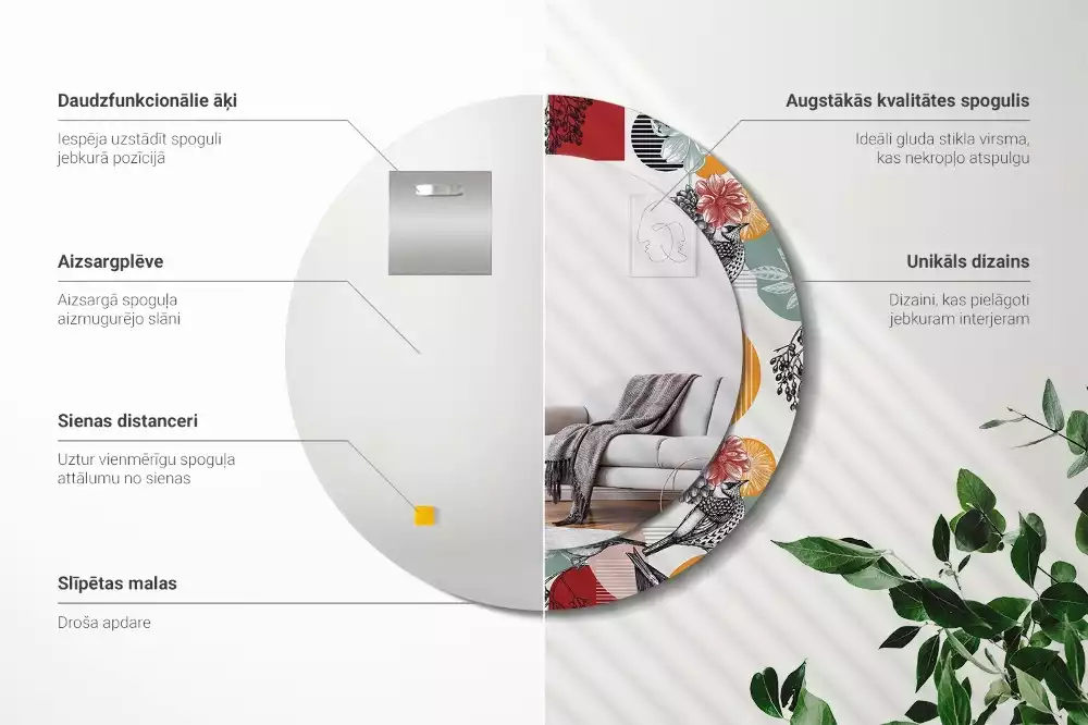 Lustro okrągłe Patki vintage z drukowaną ramką