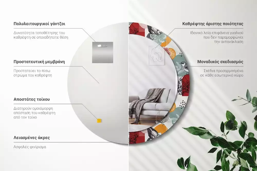 Lustro okrągłe Patki vintage z drukowaną ramką