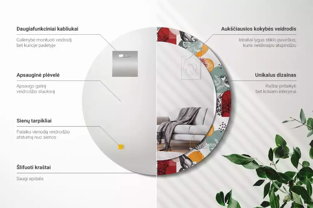 Lustro okrągłe Patki vintage z drukowaną ramką