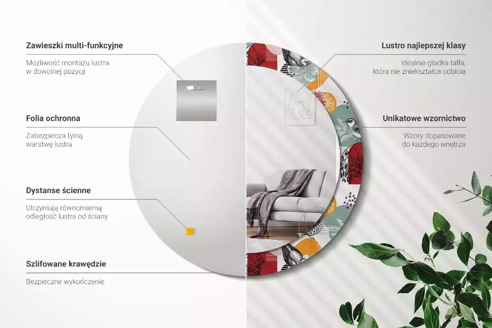 Lustro okrągłe Patki vintage z drukowaną ramką