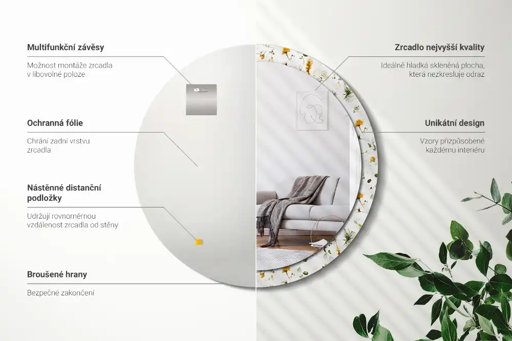 Lustro w ramie z nadrukiem z motywem polnych kwiatów, w kształcie okrągłym