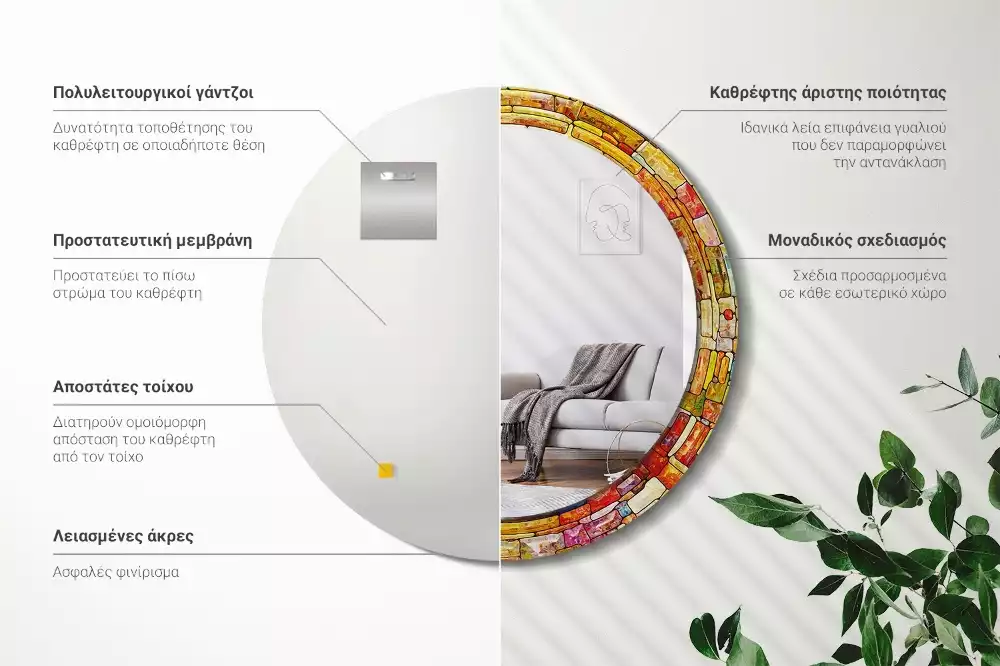 Lustro z drukowaną ramką okrągłe Kolorowy witraż