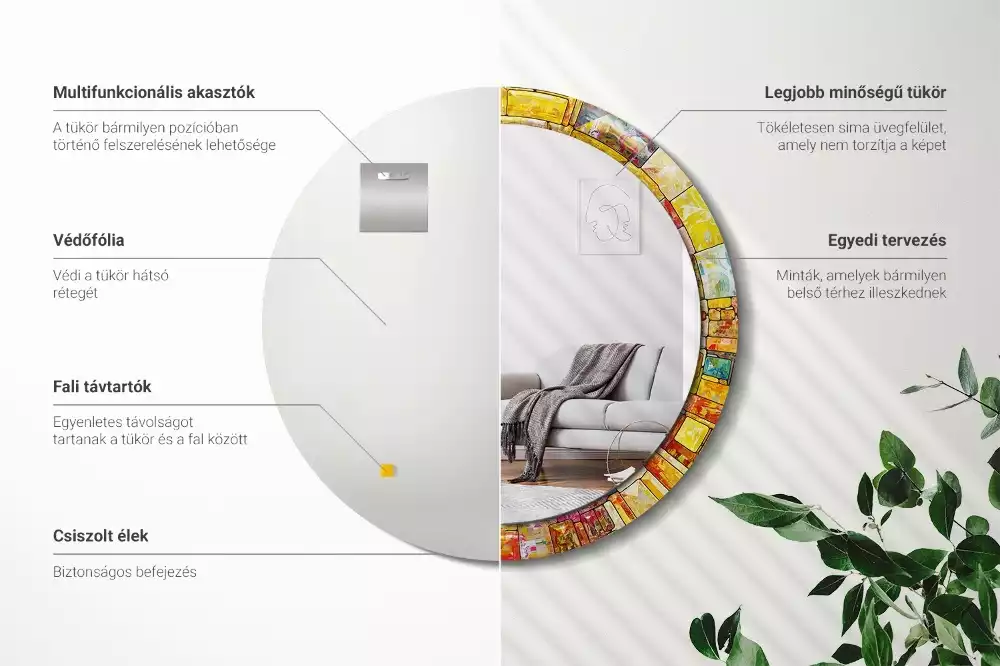 Lustro z drukowaną ramką okrągłe Kolorowy witraż